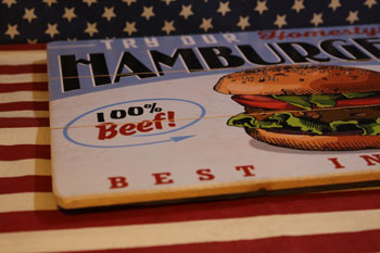 アメリカ雑貨屋サンブリッヂ　木製　看板　ハンバーガー　ブルー　カフェ　ダイナー